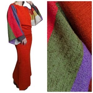 Au Terroir S/M Hand Loomed Vintage Wool Blend Kimono Sleeve Maxi 70s Boucle